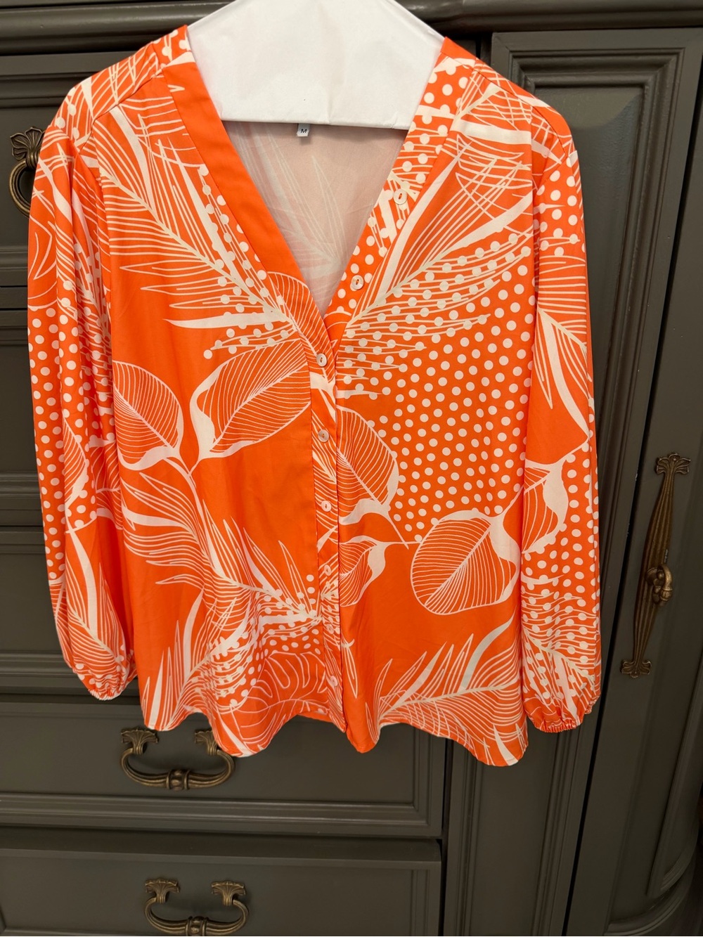Zele Orange and White Button-Front Print Blouse